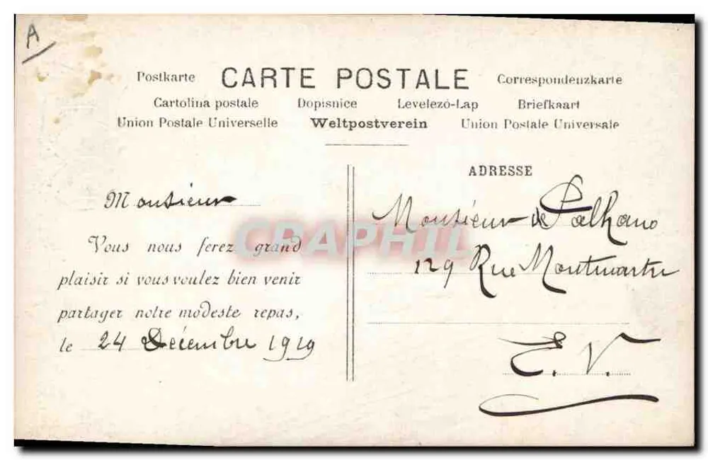 Fazenda em Riveillon — Cardápio de Natal 1919 — F.C.&C° Depositado - Verso
