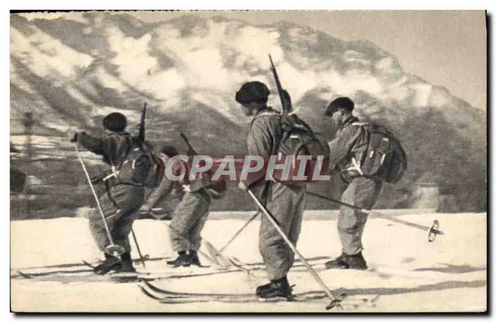 Soldats en ski — scène de montagne — Georges Lang, Imp. Paris - Vorderseite