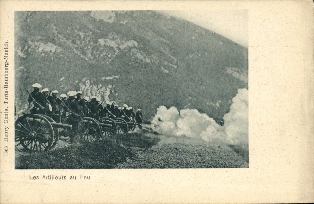 Les Artilleurs au Feu — SchussSzene in den Bergen — Éditeur Henry Genia, Turin, n° 868 - Vorderseite