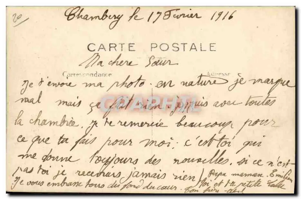 Chamberguy — 17. Februar 1916 — Ansichtskarte mit handschriftlicher Nachricht - Rückseite