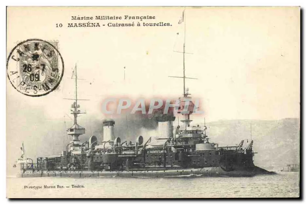 Navio de guerra francês — Cegonha com torres MASSÉNA — Pietotype Marus Bar — Toulon. - Frente