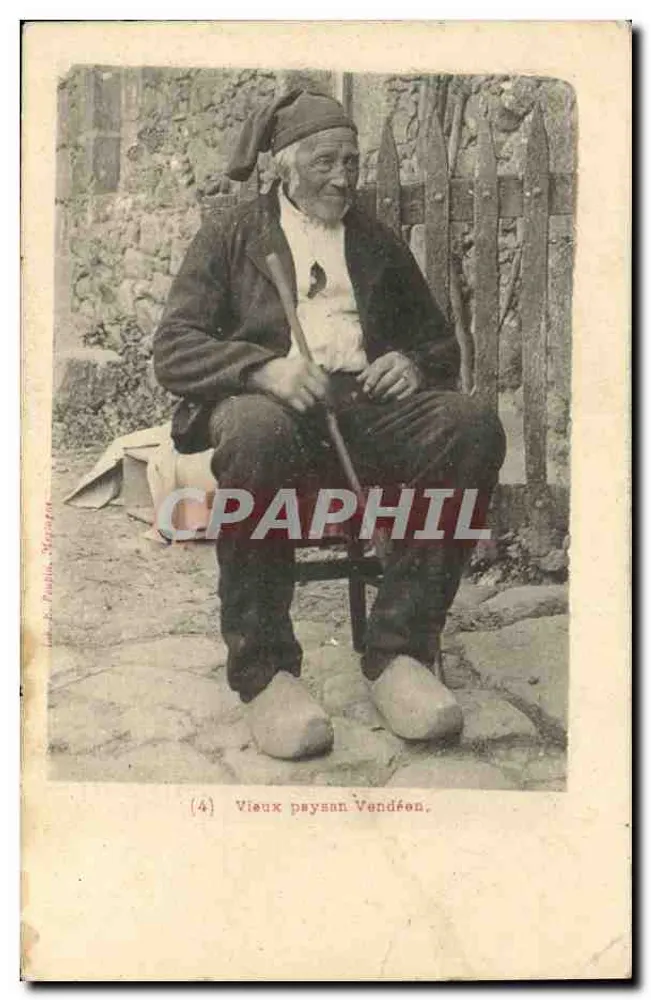Vieux paysan Vendéen — portrait assis, chapeau et sabots — éditeur J. P. P. Servant, n° (4) - Frente