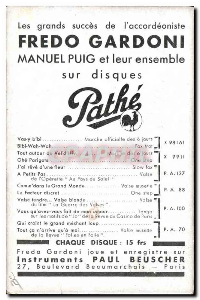 Fredo Gardonni — o popular acordeonista — em discos Pathé - Verso