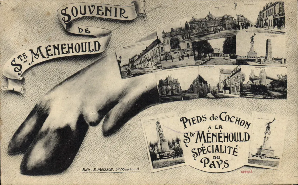 Sainte-Ménéhould — Erinnerungskarte mit Blick auf die Stadt und ihre Denkmäler — Edit. E. Moisson, Sainte-Ménéhould - Vorderseite