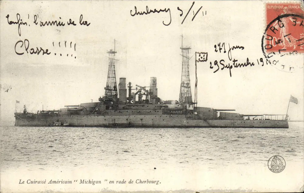 Der amerikanische Schlachtschiff "Michigan" in der Bucht von Cherbourg — Verlag nicht sichtbar, Seriennummer nicht sichtbar - Vorderseite