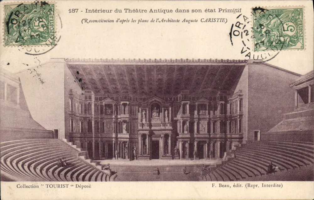 Innenraum des antiken Theaters in seinem ursprünglichen Zustand — Rekonstruktion nach den Plänen des Architekten Auguste CARISTIE — F. Beau, Verlag (Nachbildung verboten) - Vorderseite