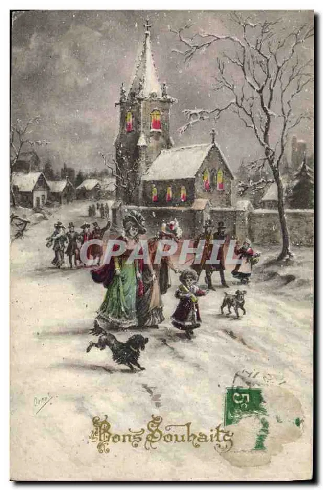 Winterliche Szene vor einer Kirche — Gute Wünsche — Oray, n° 025 - Vorderseite