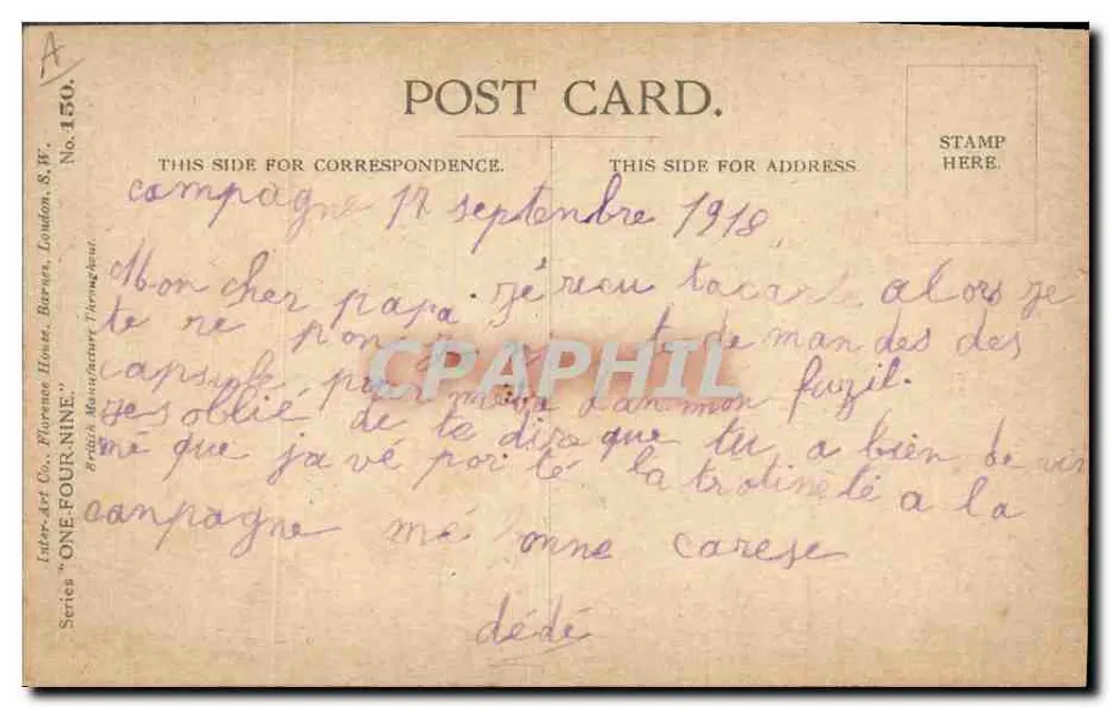 Menina pequena com coroa tricolor — cartão postal da Primeira Guerra Mundial — editor Letter-Art Co., série No. 150 - Verso