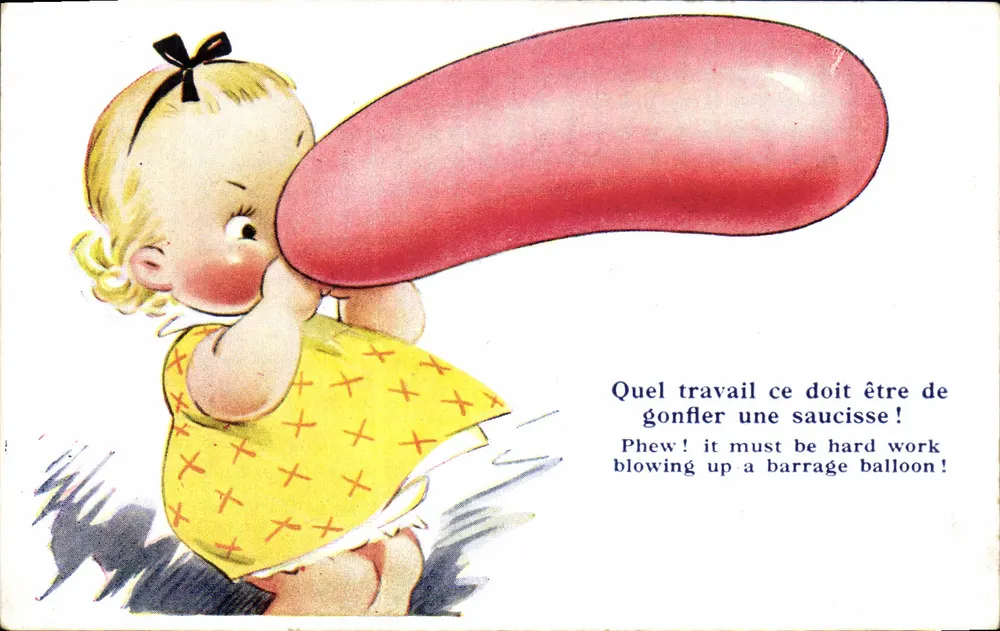 Kleine Mädchen, die eine Wurst aufbläst — humorvoll illustriert — in England gedruckt, Nr. K 658 - Vorderseite