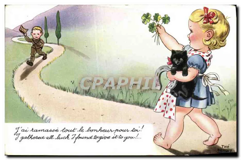 Mädchen mit schwarzem Kater, der Kleeblätter anbietet — The Benoit - Vorderseite