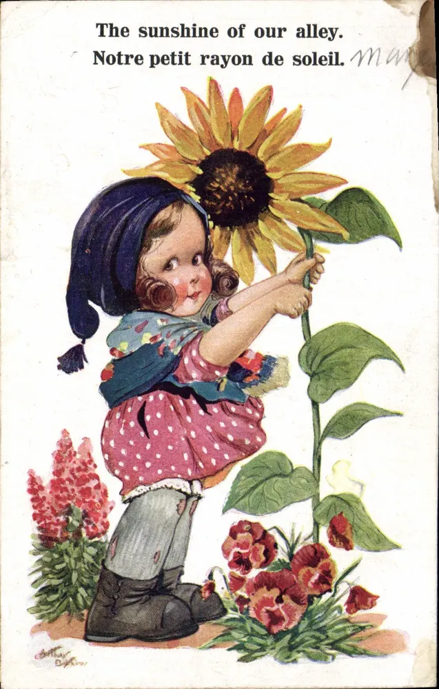 Kleine Mädchen mit Sonnenblume — Inter-Art Co., Florence House, Barnes, London — Serie Nr. 4409 - Vorderseite