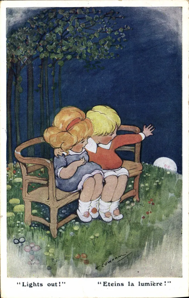 Zwei Kinder auf einer Bank — Nacht-Szene — Inter-Art Co., London, Serie Nr. 595, signiert H. Cowham - Vorderseite