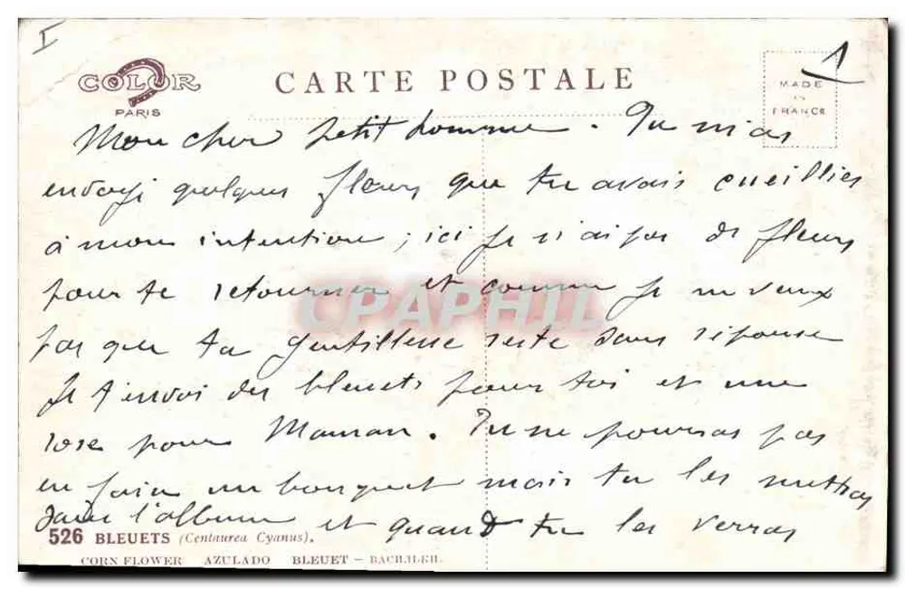 Bleuets — bouquet de fleurs bleues avec bourgeons — éditeur COLOR PARIS, n° 526 - Reverso
