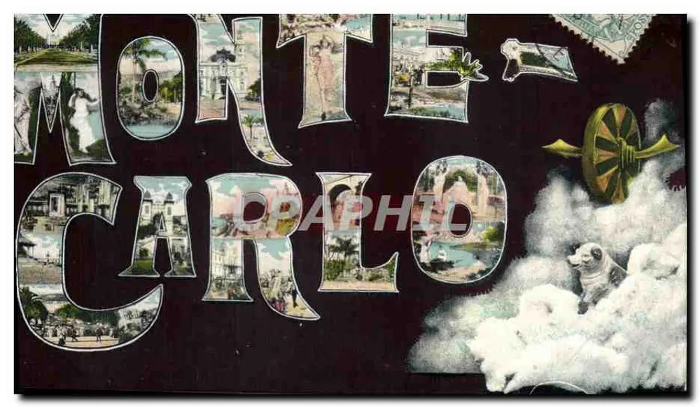Monte-Carlo — vista panorâmica com letras decorativas — editor Gilletta, Nice - Frente