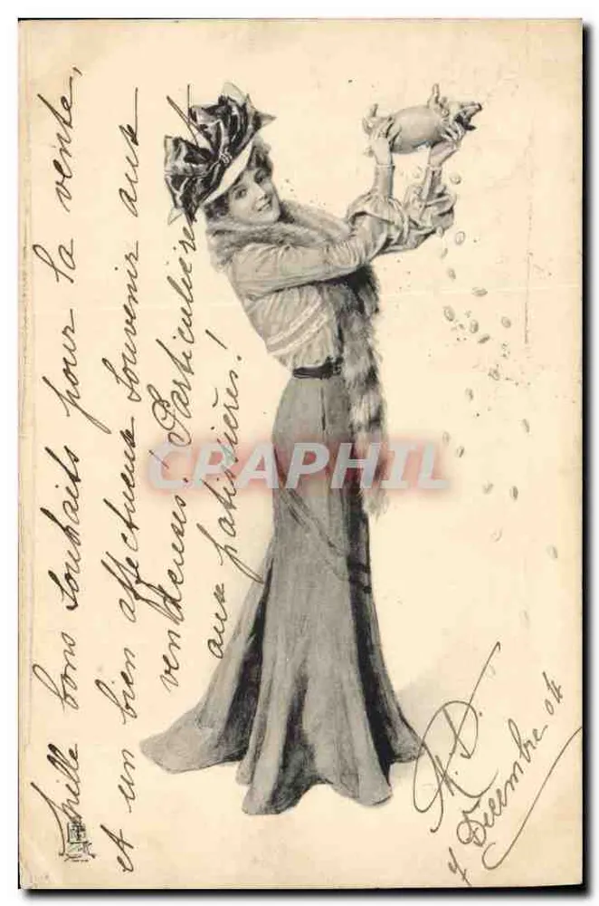 Frau in langer Robe und Hut — spielt mit einem Sparschwein — Verlag Raphael Tuck & Sons, Serie Nr. 5069 - Vorderseite