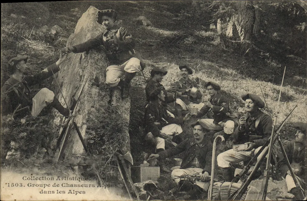 Gruppe der Alpinen Jäger in den Alpen — Künstlerische Sammlung n°1503 — Verleger Gileta, Nice - Vorderseite