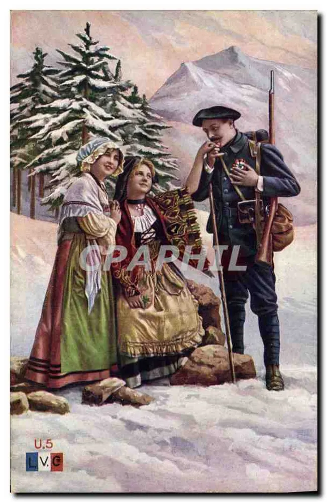 Zwei Frauen in traditioneller Kleidung und ein Soldat in den Bergen — Verleger L.V.C. Nr. U.5 - Vorderseite