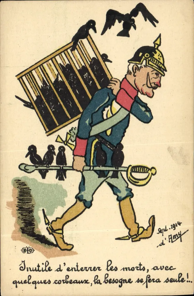 Deutscher Soldat, der eine Krähekiste trägt — antisemitische Karikatur — unterschrieben von 'd'Army' und datiert 'Sept. 1914' - Vorderseite