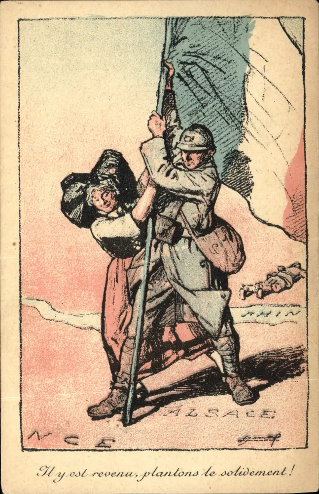 Elsass-Lothringen — Soldat und Frau mit der französischen Flagge — Devambez, Paris, Visa N°125 - Vorderseite