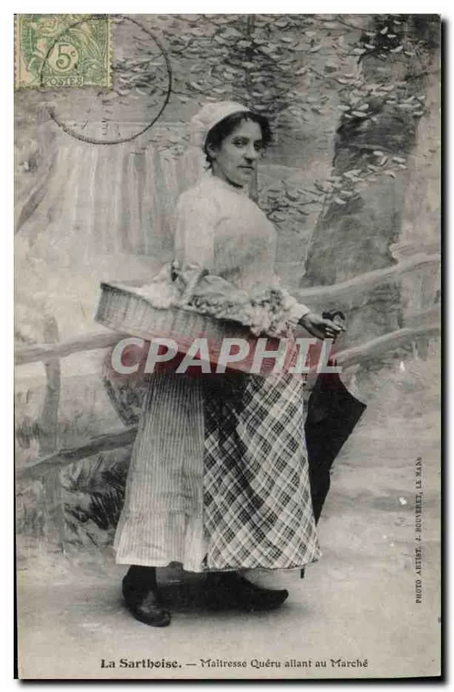 La Sartboise. — Senhora Quéré indo ao Mercado — Foto Albert J. Houvet, LE MANS - Frente