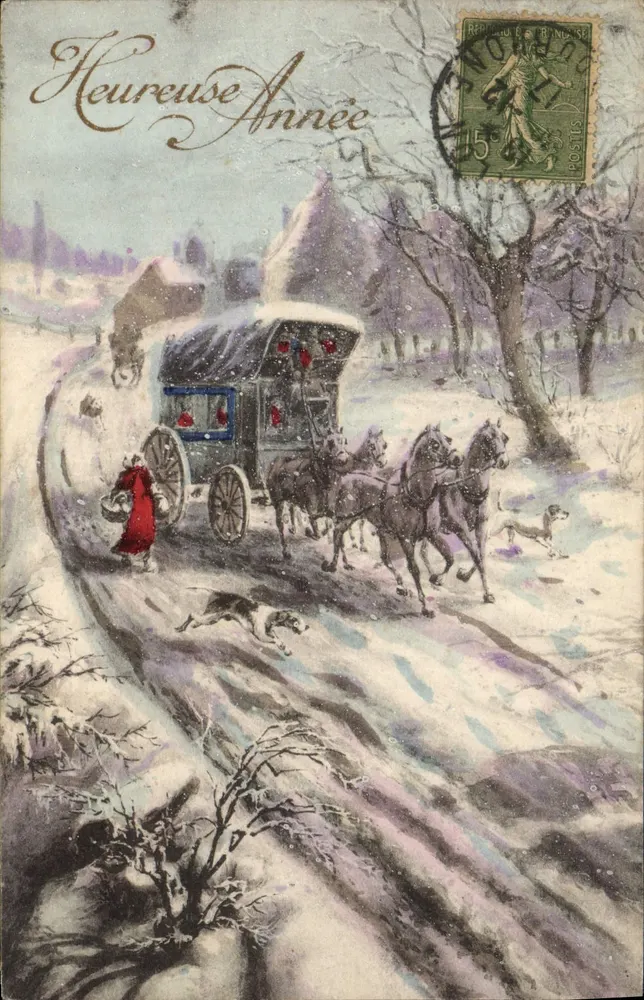 Glückliches Neues Jahr — Winterlandschaft mit Kutsche und Hund — Em. Brocheriou, Verlag, Paris - Serie 29 - Vorderseite