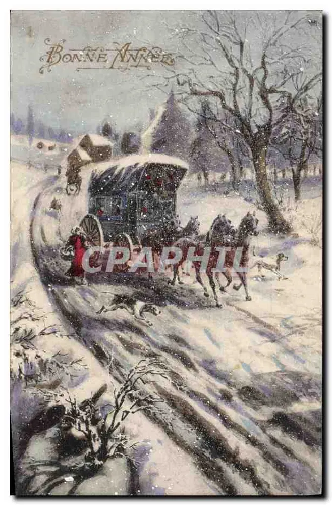 Winterliche Pflugkutsche — Frohe Neujahr — Ansichtskarte aus Saint-Émilion - Vorderseite