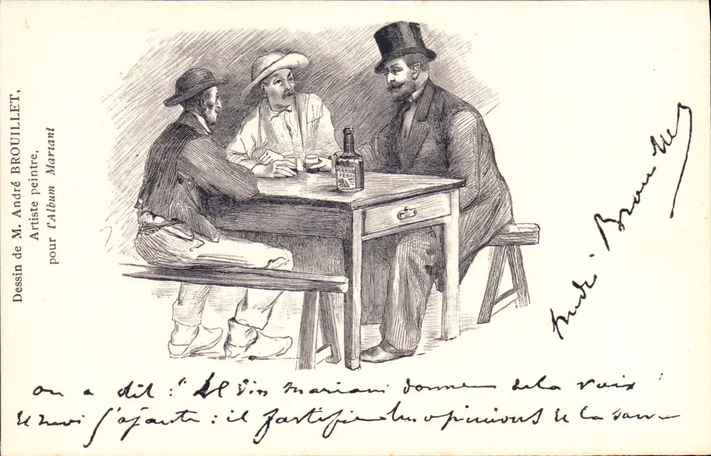 Drei Männer am Tisch — Karikatur — Zeichnung von M. André Brouillet für das Album Martiant - Vorderseite