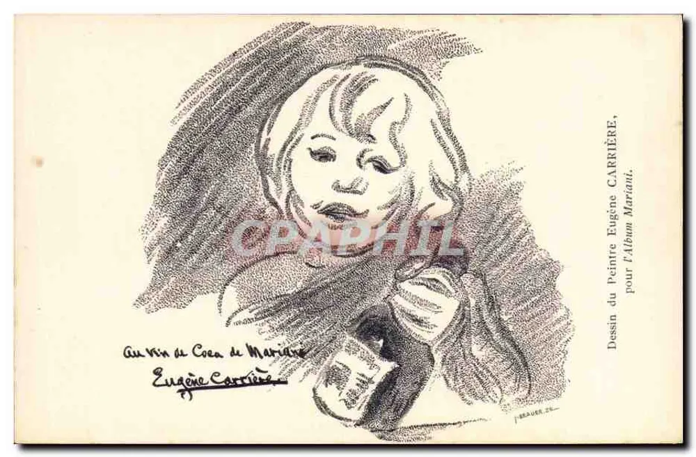 Frau, die Wein trinkt — Zeichnung von Eugène Carrière für das Album Mariani — Verlag Mariani, Seriennummer A - Vorderseite