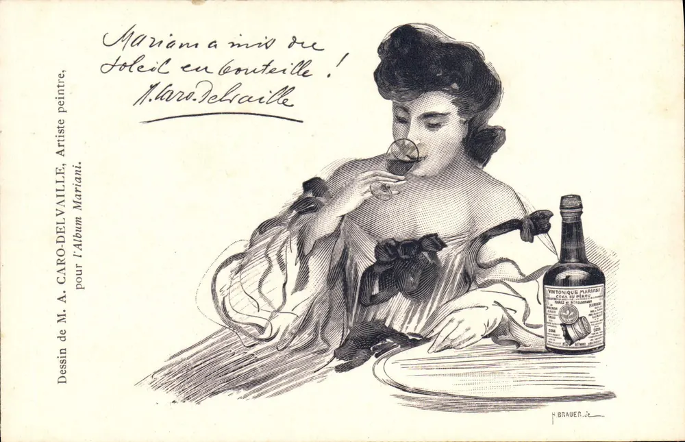 Frau, die ein Glas trinkt — Werbung für 'VINTONIQUE MARIANI ECA DU PÉRÉY' — Zeichnung von M. CARO-DELVAILLE für das Mariani-Album - Vorderseite