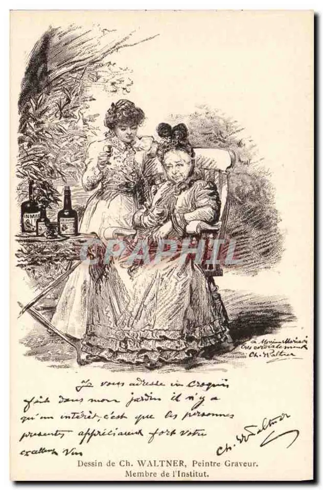 Zwei Frauen im Garten — Zeichnung von Ch. Waltner — Sammlung Mariani - Vorderseite