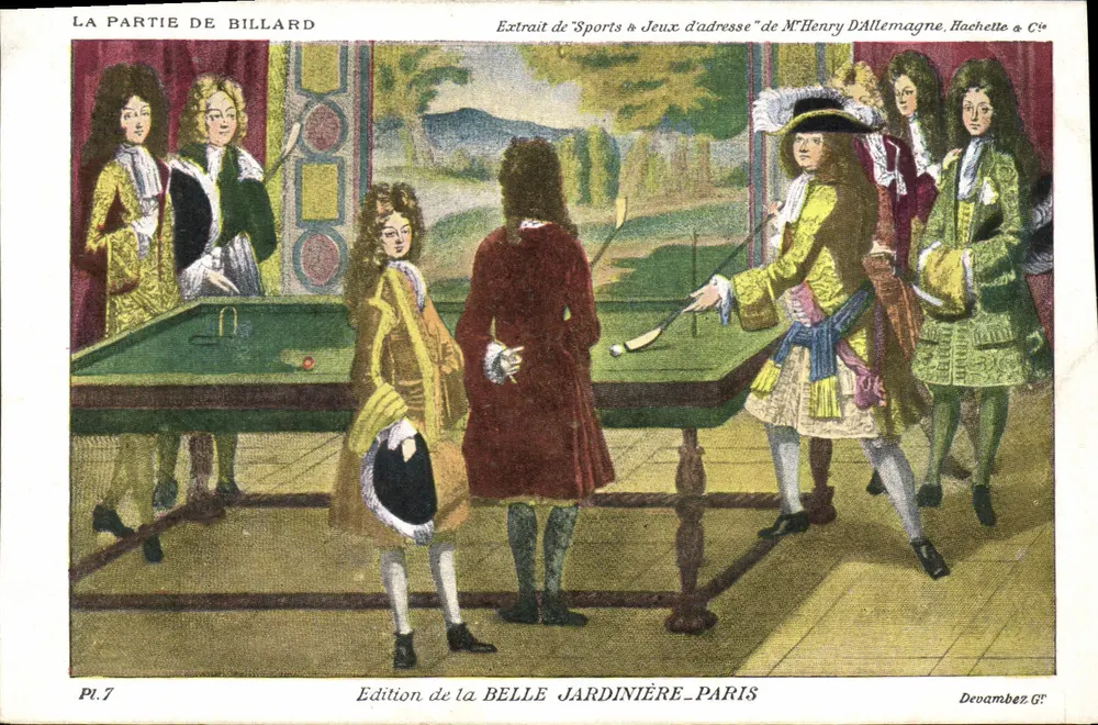 Das Billardspiel — Auszug aus 'Sports & Jeux d'adresse' von M. Henry D'Allemagne, Hachette & Cie — Pl. 7 — Ausgabe der Belle Jardinière, Paris - Vorderseite