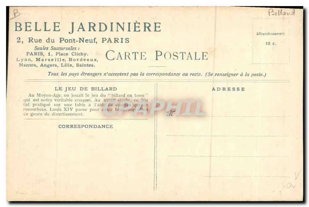 Das Billardspiel — Auszug aus 'Sports & Jeux d'adresse' von M. Henry D'Allemagne, Hachette & Cie — Pl. 7 — Ausgabe der Belle Jardinière, Paris - Rückseite