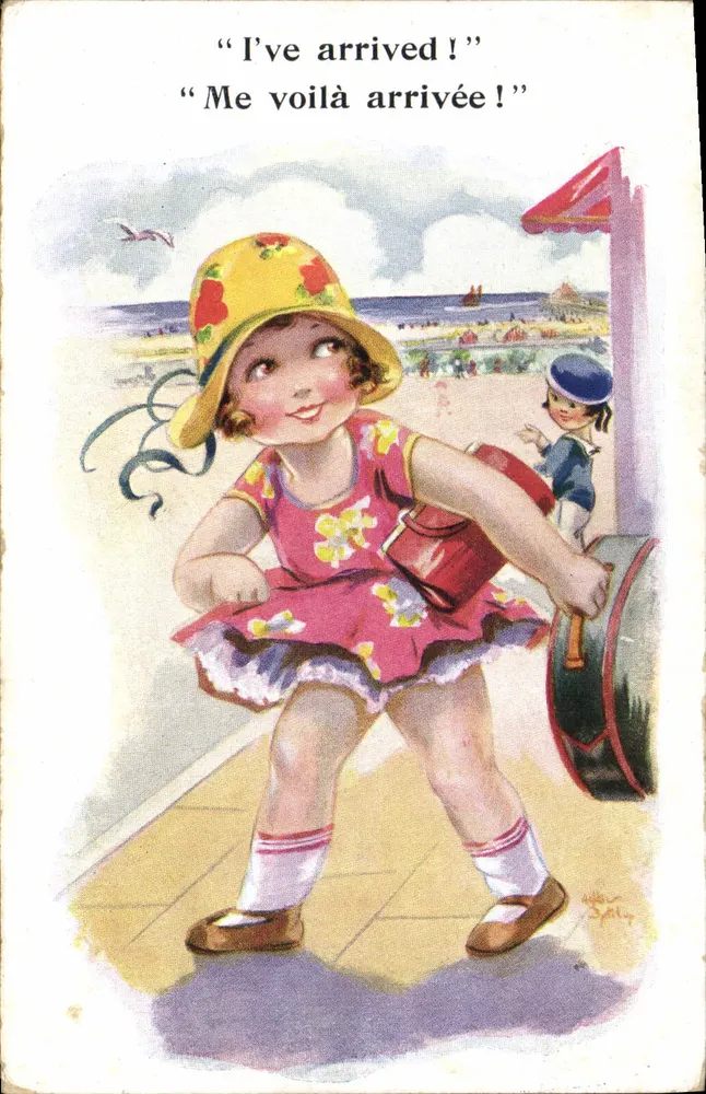 Kleine Mädchen am Strand — Ankunft — Comique Co. Florence House, Barnes, Serie 7837 - Vorderseite