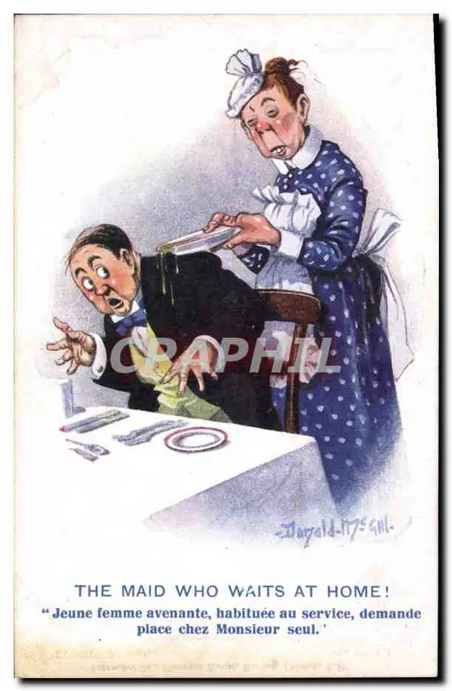 Anziehende junge Frau, gewohnt im Dienst, bittet Herrn allein — Donald-175 Gill — COMIQUE-Serie, Nr. 2144 - Vorderseite