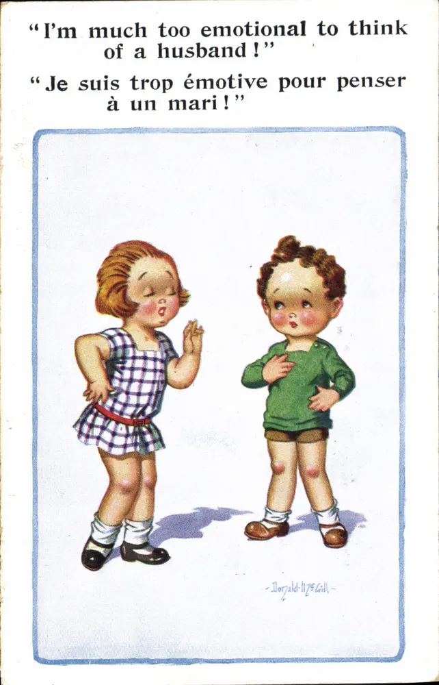 Zwei Kinder — humoristische Illustration — Donald L. Gill, COMIQUE-Serie n°7185 - Vorderseite
