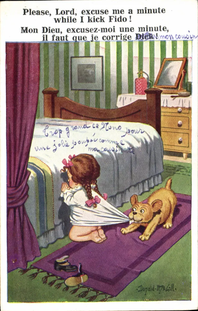 Mädchen und Hund in einem Zimmer — 'Bitte, Herr, entschuldige mich einen Moment, während ich Fido tritt!' — Jopald-Itz Gill - Vorderseite