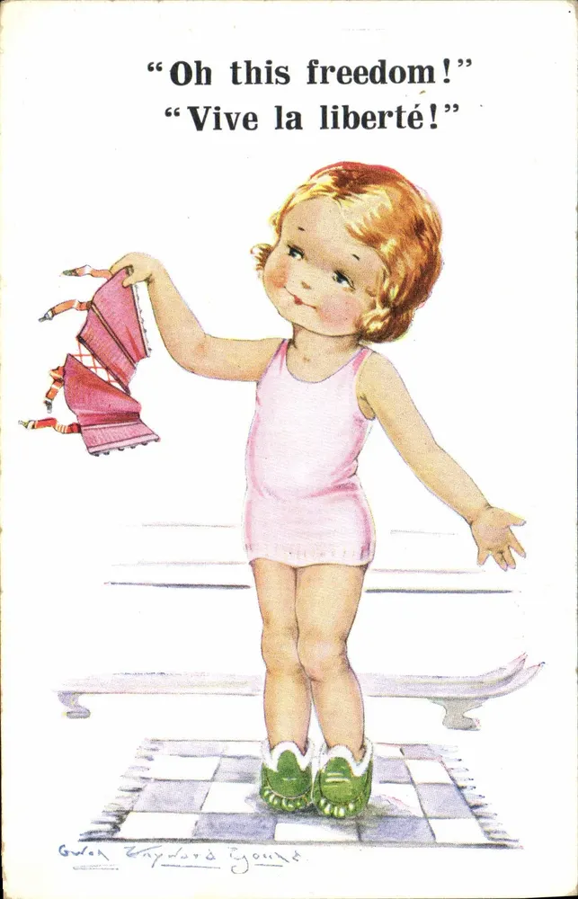 Mädchen auf Schlittschuhen — 'Oh this freedom!' / 'Vive la liberté!' — Inter-Art Co. Ltd. 'Comique' Serie 7425 - Vorderseite