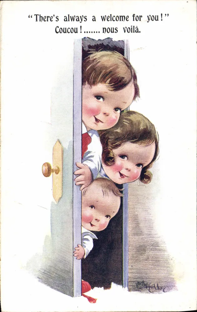 Trois enfants derrière une porte — Comique Art Co. — N° 4547 - Recto