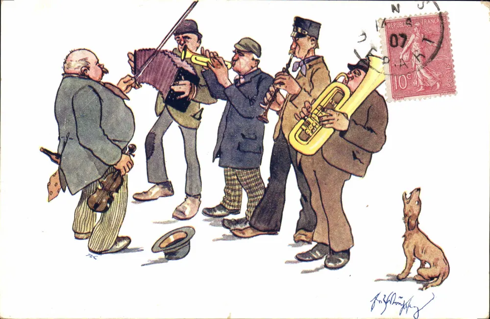 Straßenmusiker — humorvolle Szene — Verlag nicht sichtbar - Vorderseite