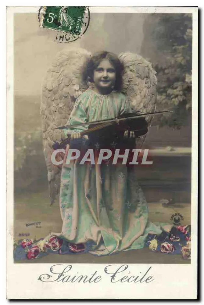 Sint Cecilia — engel met uitgespreide vleugels die een viool vasthoudt — uitgever Rosebilly - Voorkant