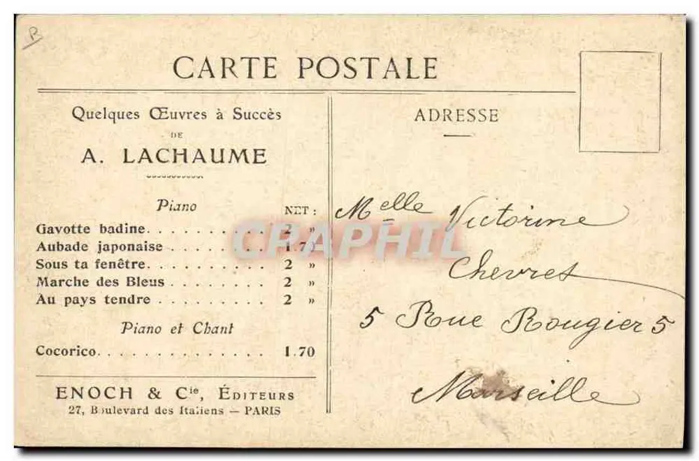 Aimé Lachame — Portrait und Notenblatt von 'Sous ta fenêtre' — Enoch & Cie, Paris - Rückseite