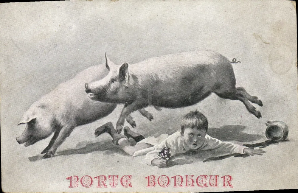 Dois porcos e uma criança — Porte Bonheur — editor desconhecido, número de série não visível - Frente