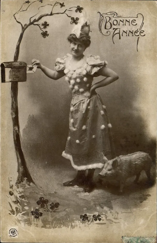 Frau in Pompon-Rock und Schwein — Frohe Neujahr — Oranotypie, Stuttgart - Vorderseite