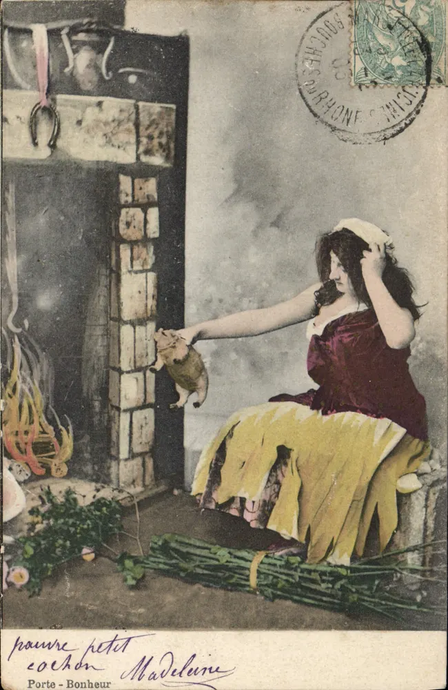 Frau, die am Kamin sitzt — Lebensszenen — Porte-Bonheur, Serie 0564 - Vorderseite