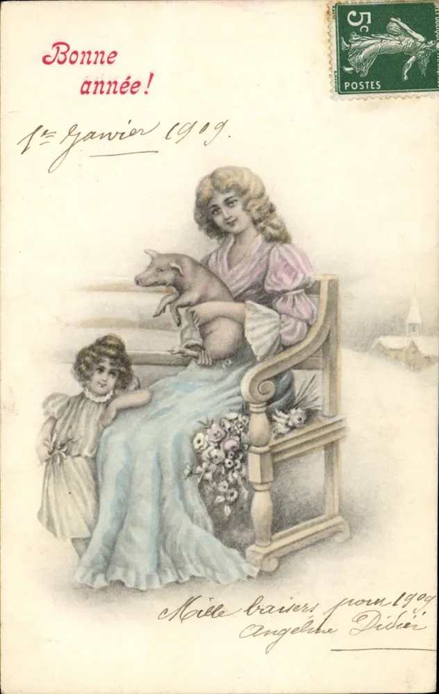 Frau und Kind mit Schwein — Frohes Neues Jahr 1909 — unbekannter Verlag, Seriennummer nicht sichtbar - Vorderseite
