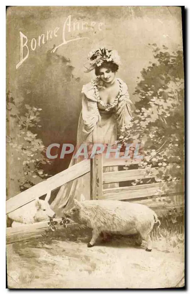 Femme en robe de style victorien avec cochon — scène de campagne — éditeur 'Oranotypie, Geschätzlich geschützt' (verso) - Vorderseite