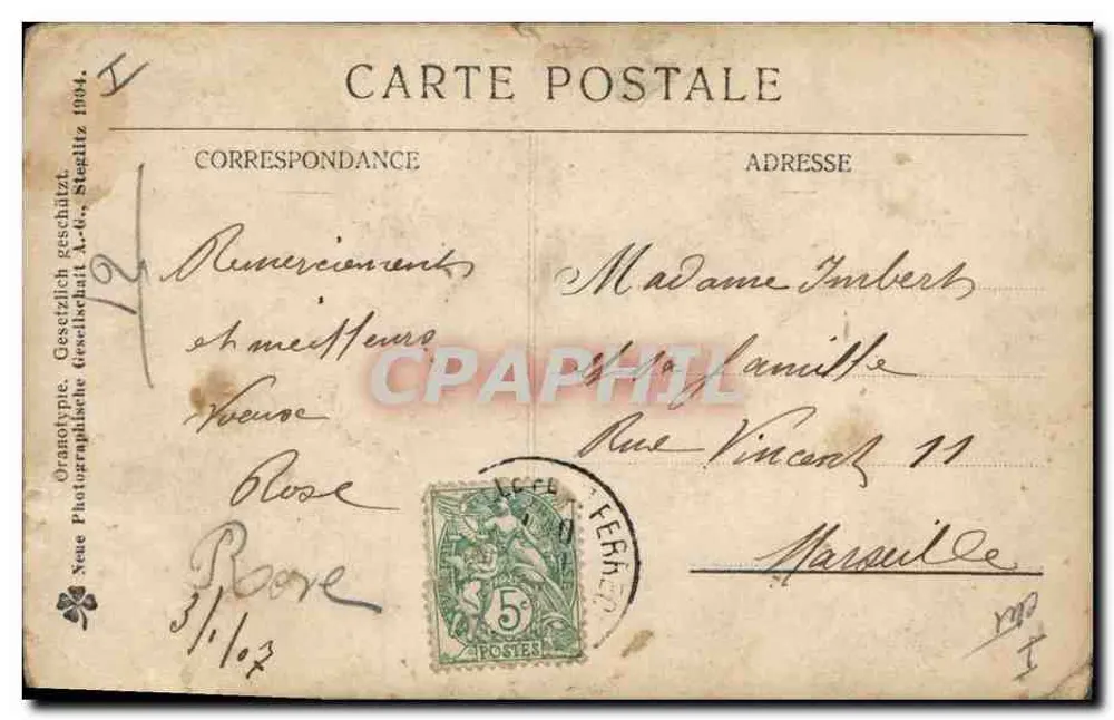 Femme en robe de style victorien avec cochon — scène de campagne — éditeur 'Oranotypie, Geschätzlich geschützt' (verso) - Rückseite