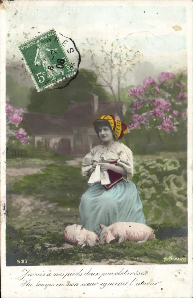 Frau mit zwei rosa Ferkeln — A.N. Paris, Nr. 527 - Vorderseite