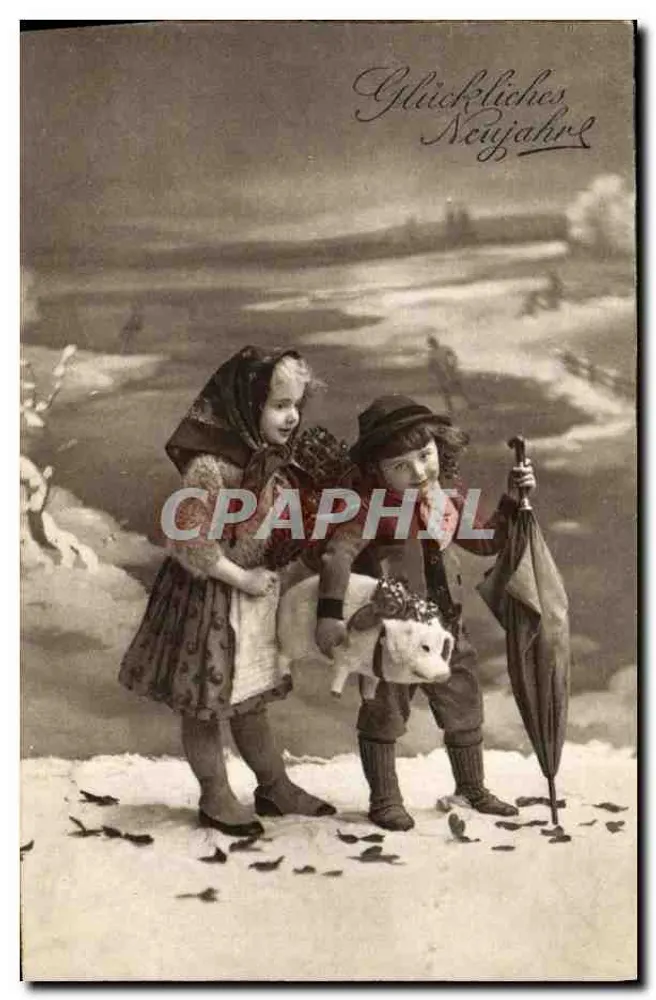 Dois crianças com um pequeno cachorro em um paisagem invernal — Gl"uckliches Neujahr — H. II. i. W. Série 920 - Frente