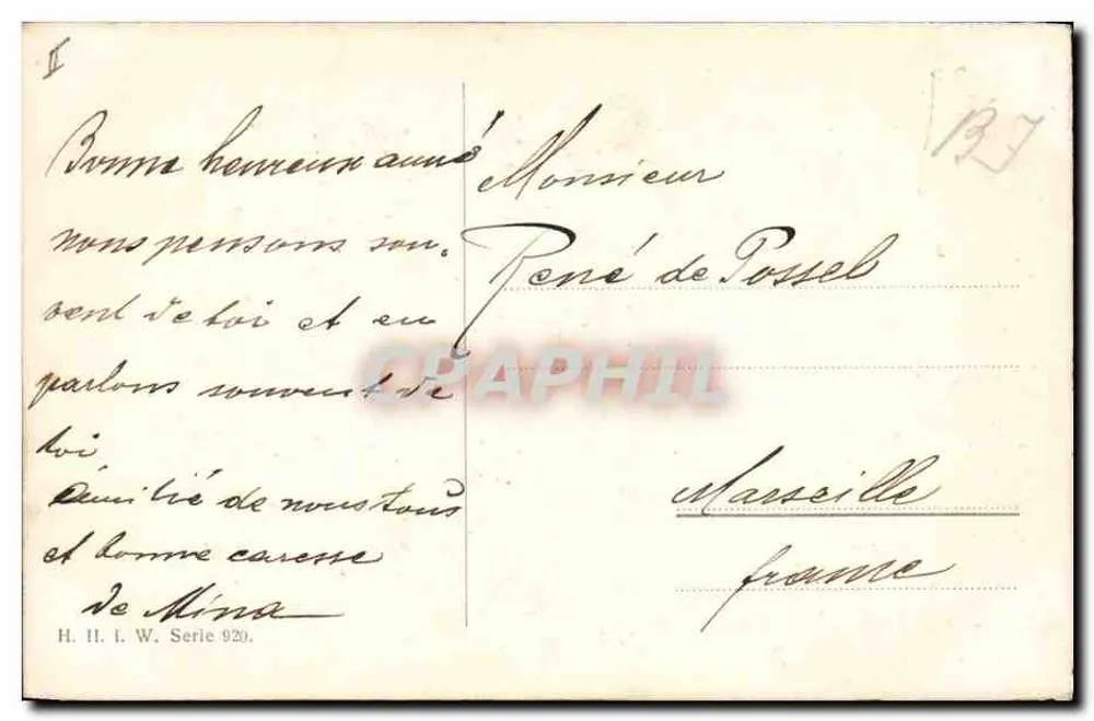 Dois crianças com um pequeno cachorro em um paisagem invernal — Gl"uckliches Neujahr — H. II. i. W. Série 920 - Verso